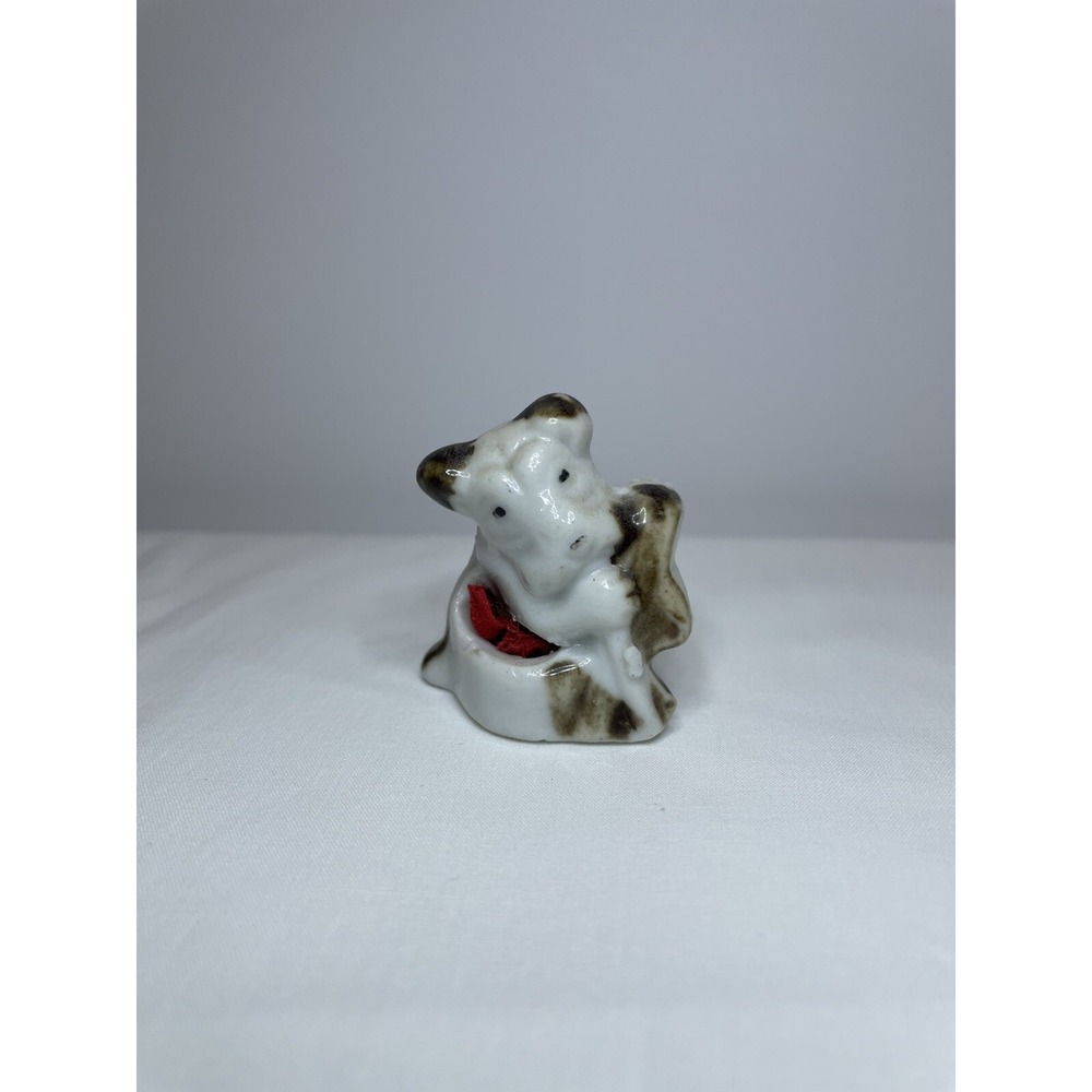 Vintage Miniature White Dog Figurine Black Ears 1.75" Tall Marked Japan Antique